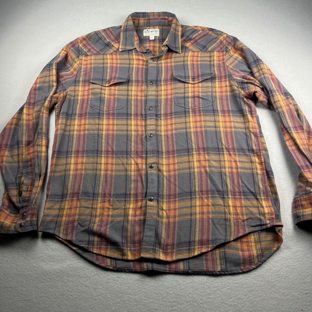 Lucky Brand Saturday Stretch Mens Large Plaid Western Snap Flannel Shirt Grey L